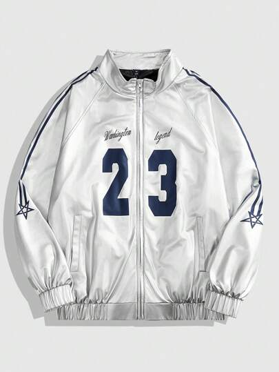 Street Life Chaqueta con cierre frontal y mangas raglán con estampado de letras para hombres, otoño