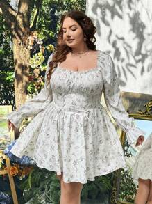 Lyrianda Plus Size Women Square Neck & Ruffle Trim Long Sleeve Ditsy Floral Patchwork Mini A-Line Dress, Elegant & Cute Resort Dress - Multicolor - View 4