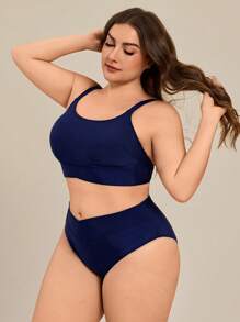 SHEIN Swim Navy Blue Solid Color Plus Size Women's Bikini Set Summer - Navy Blue - View 3