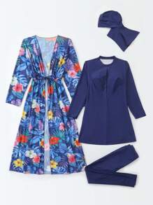 Swim Shayni Women's Conservative Beach Outfit - Long Sleeve Rash Guard, Long Pants, Mesh Dress, And Blue Burkini Set - Navy Blue - View 5