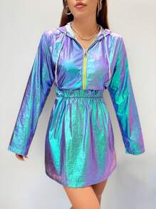 SHEIN EZwear 时尚潮流激光拉绳连帽连衣裙 - 彩色 - 查看 6