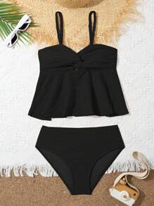 Tween 女童荷叶边扭结镂空分体泳衣套装，适合海滩 - 黑色 - 查看 1