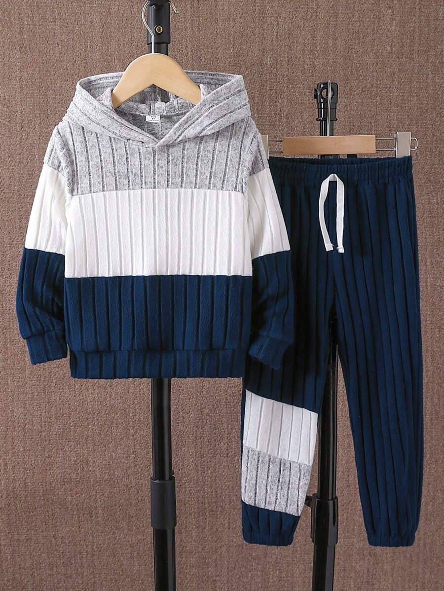 SHEIN 2 件套年轻男孩休闲羊羔绒条纹拼接长袖连帽运动衫和裤子套装，适合春秋季、运动、休闲、日常、户外、学校 - 藏蓝色 - 查看 1