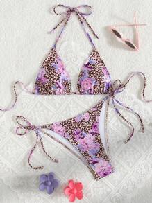 Women's Summer New Sexy Triangle Cup Tied Leopard Print Bikini Set - Multicolor - View 1