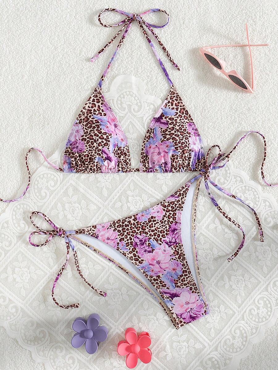 Women's Summer New Sexy Triangle Cup Tied Leopard Print Bikini Set - Multicolor - View 1