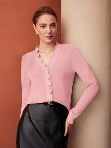 MOTF PREMIUM CONTRAST LACE BUTTON UP LIGHTWEIGHT CARDIGAN - Pink - View 5