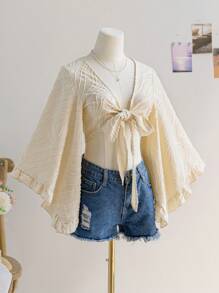 Soleia Women's Summer Vacation Beige Textured Woven Open Front Tie-Knot Flare Sleeve Ruffle Cuff Blouse, Hippie Western Festival, Easter, Carnival, Afternoon Tea, Party - Beige - View 4