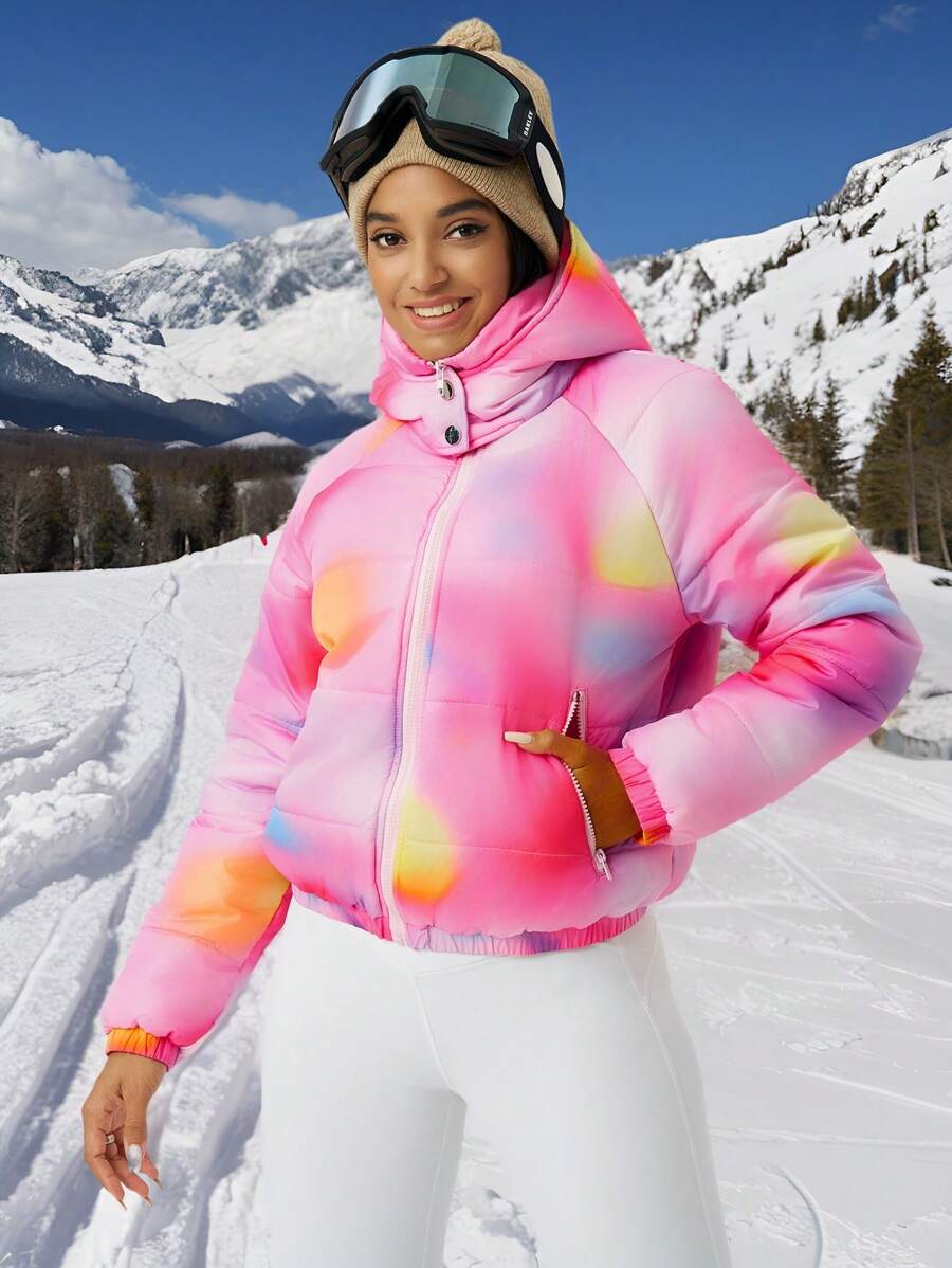 Women Tie-Dye Raglan Sleeve Zip Front Hooded Sports Jacket, Winter For Ski & Daily Wear - Pink - View 1