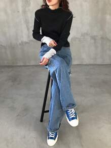 FRIFUL Women's Solid Color Splice Stand Collar Long Sleeve Simple Casual Top - Multicolor - View 2