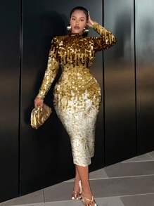 Slaydiva Party Style Glitter Full-Coverage Placement Print Women's Tight Fit Long Sleeve Midi Dress, Suitable For Parties Fall Clothes Chic Dress