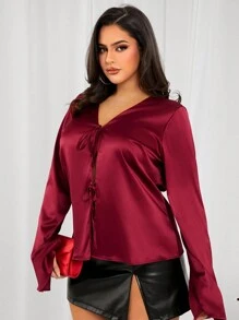 SHEIN SXY Camisa de encaje con cordones de color rojo borgoña elegante y sexy para mujer de talla grande, adecuada para uso diario, vacaciones, playa, fiestas, citas, cumpleaños, despedida de soltera, fiestas, baile, citas de pareja, looks elegantes e informales, compras, uso diario, actividades al aire libre, resalta tu figura