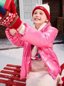 SHEIN 1 pezzo Cappotto imbottito per ragazze pre-adolescenti, con cappuccio e maniche lunghe, finitura lucida, comfort, adatto per attività all`aperto in città, uso quotidiano e andare a scuola, autunno/inverno - Rosa - Visualizzare 1