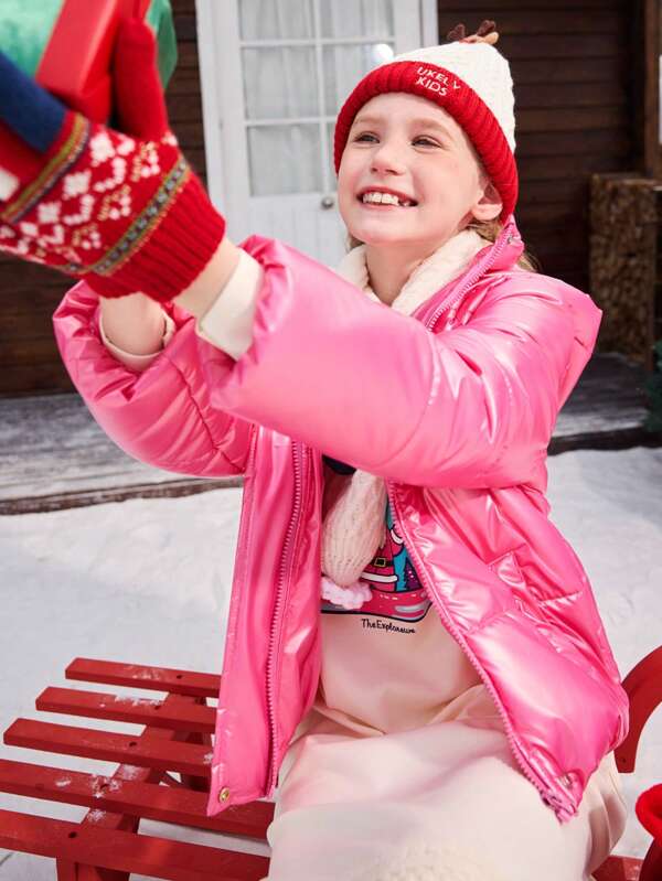 SHEIN 1 pieza Abrigo con relleno para niñas preadolescentes, con capucha y mangas largas, acabado brillante, cómodo, adecuado para actividades al aire libre en la ciudad, uso diario y para ir a la escuela, otoño/invierno