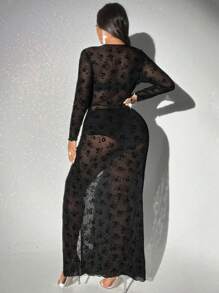 Viva Relle Robe maxi fendue sexy pour femmes grandes tailles en maille transparente à fleurs roses 3D pour soirée