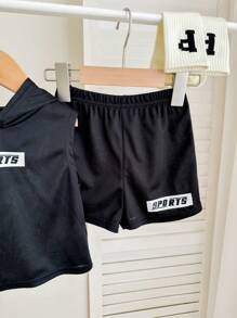 SHEIN 2 件套男童/女童无袖连帽上衣和松紧腰短裤套装 - 黑色 - 查看 3