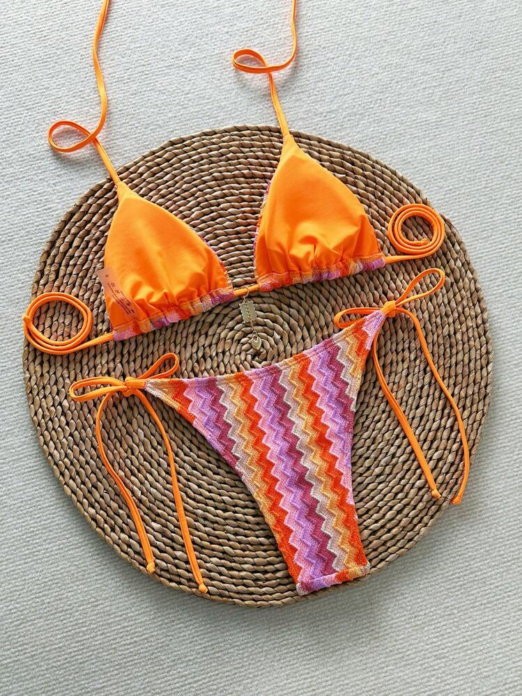 Swim Vcay Zomerse kleurrijke haltertop met print en driehoekige spaghettibandjes bikiniset met strik aan de zijkant voor dames - Veel kleurig - Bekijken 2