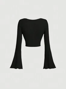 SHEIN MOD Áo thun tay chuông phía trước màu mơ thanh lịch, , Quần áo, Áo thun nữ màu trắng, Quần áo mùa thu cho nữ, Mùa tựu trường, Trang phục đi chơi, Áo thun ôm vừa vặn, Năm mới, Valentine - màu đen - Xem 2