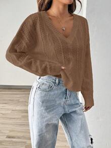 Chiquease New V-Neck Casual Solid Color Short Pullover Sweater For Women, Versatile, Spring/Autumn/Winter - Coffee Brown - View 5