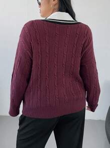 POPSWAY Plus Size Solid Color Patchwork V-Neck Long Sleeve Pullover Sweater , College Style Knit Pullover Fall Winter - Rust Brown - View 2