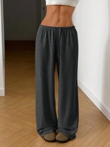 SHEIN EZwear Plus Size Gray Drawstring Waist Loose Pants, Suitable For Autumn - Dark Grey - View 3