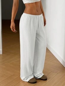 SHEIN EZwear Plus Size White Drawstring Waist Loose Pants, Autumn - White - View 3