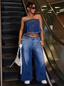 SHEIN ICON 镂空搭扣系带破洞牛仔布束腰胸衣 - 深色水洗藍 - 查看 5