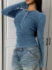 SHEIN EZwear 女士前扣长袖休闲衬衫，日常穿着 - 藍色 - 查看 3