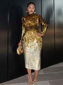 Slaydiva Party Style Glitter Full-Coverage Placement Print Women's Tight Fit Long Sleeve Midi Dress, Suitable For Parties Fall Clothes Chic Dress