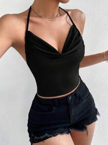 SHEIN Unity Top halter de cuello con fruncido de espalda abierta con cordón - Negro - Ver 5