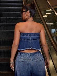 SHEIN ICON 镂空搭扣系带破洞牛仔布束腰胸衣 - 深色水洗藍 - 查看 2