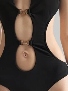 Ontre 2025 New Women's Black Hollow Simple Casual One-Piece Swimsuit, V-Neck Sleeveless Spring Resort Wear For Summer Beach Vacation - Black - View 7