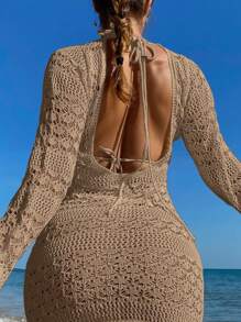 Swim Vcay Beach Vacation Crochet Spaghetti Strap Cover-Up Dress For Summer Beach Vacation - Khaki - View 3