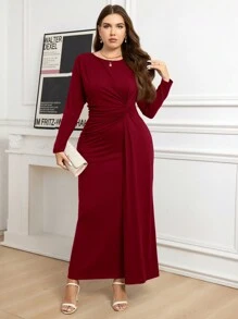 SHEIN Clasi 加大码纯色圆领长袖扭结简约休闲长裙 - 紅色 - 查看 3