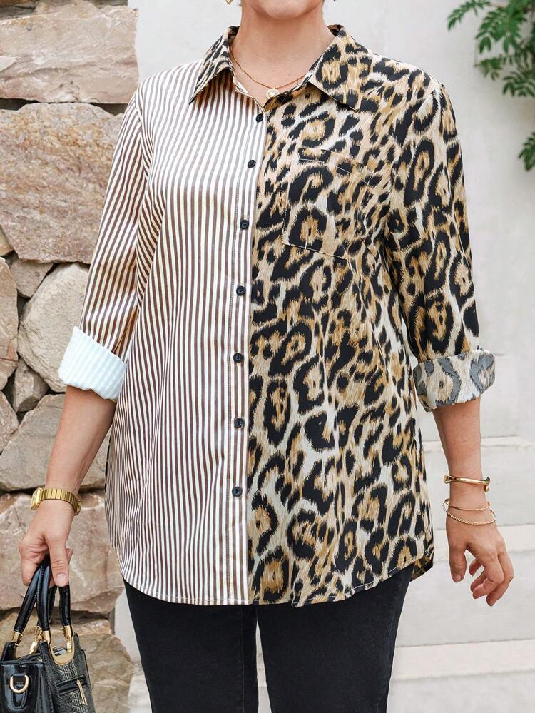 Plus Size Casual Striped Patchwork Leopard Print Shirt For Winter,Spring
