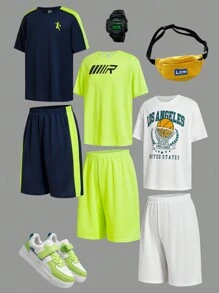 6pcs/Set Tween Boys Casual Sports Print Patchwork Crew Neck Pullover Short Sleeve T-Shirt And Shorts 2 Pieces Set, Suitable For School, Garden, Beach, Birthday, Spring/Summer/Autumn/Winter