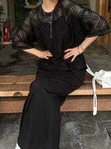 FRIFUL 女士纯色圆领镂空短袖休闲上衣 - 黑色 - 查看 5