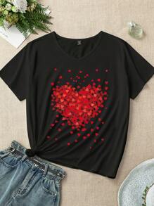 Calvaya Plus Size Heart Pattern V-Neck T-Shirt Graphic Tees Women Tops