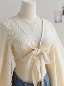 Soleia Women's Summer Vacation Beige Textured Woven Open Front Tie-Knot Flare Sleeve Ruffle Cuff Blouse, Hippie Western Festival, Easter, Carnival, Afternoon Tea, Party - Beige - View 8