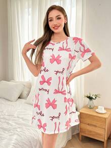 Dream Adore Women's Round Neck Short Sleeve Bowknot Print Casual Sleep Dress