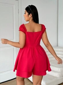 SHEIN EZwear 女士加大码、情人节、纯色方领短袖休闲连体衣，带褶饰细节、春夏装 - 紅色 - 查看 2