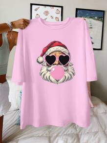 Flirla Plus Size Trendy Heart Eye Santa Claus Print Okrągły Dekolt Magenta T-shirt Dla Kobiet Koszulki Graficzne Damskie Topy