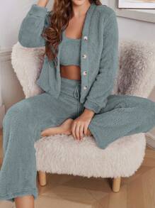 3-delige dames pluche effen kleur sexy outfitset - vest, broek en jas, casual, herfst/winter