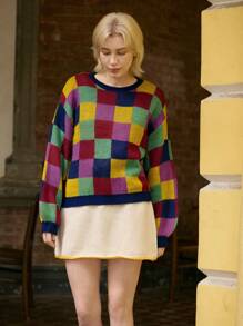 Skyraze 休闲马海毛混纺多色格子长袖毛衣，几何图案