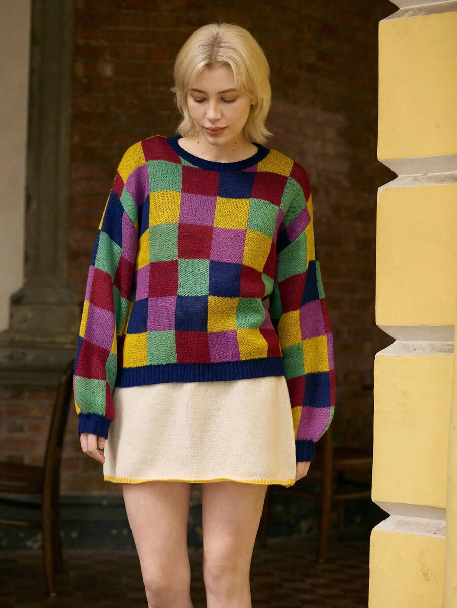 Skyraze 休闲马海毛混纺多色格子长袖毛衣，几何图案