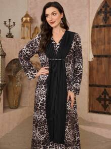 Al Najma Women's V-Neck Pullover Pleated Chiffon Kaftan Dress With Leopard Print, Spring/Summer - Multicolor - View 4