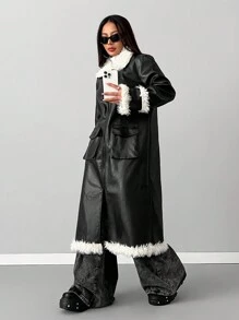 SHEIN EZwear 女士西部音乐会外出羊毛保暖毛绒领黑色皮革中长夹克外套 - 黑色 - 查看 3