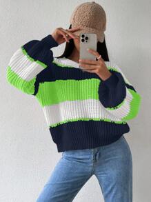 Chiquease pull décontracté simple à manches longues et col rond rayé pour femme