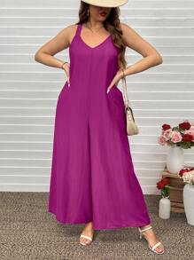 SHEIN LUNE Plus Size Women's Solid Color Wide Strap Loose Casual Jumpsuit Valentine Summer Outfits For Women Summer Spring Clothes Spring Outfits For Women Summer Summer Boho Old Money