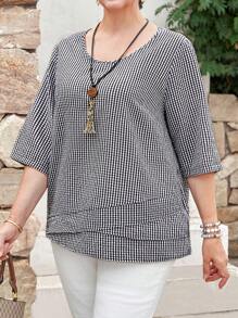 EMERY ROSE Plus Size Vacation Spring Summer Check Asymmetrical Side Flare Casual Daily Casual Shirts - Multicolor - View 4
