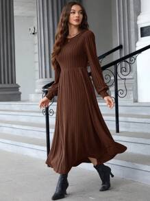 EMERY ROSE Vestido de invierno ceñido al Body con cuello redondo rojo, mangas farol y acanalado